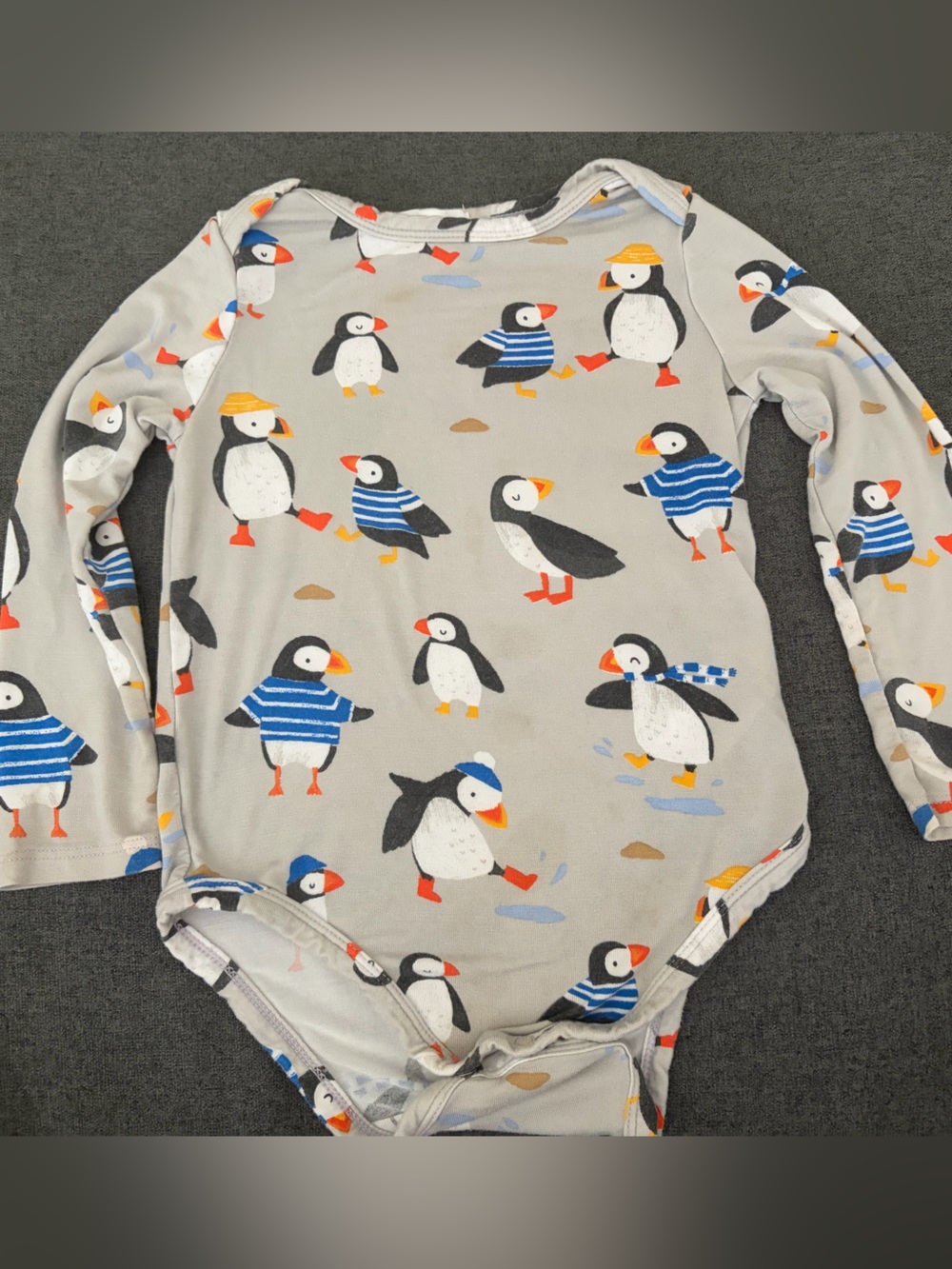 Angel Dear Gray Puffin Print Long Sleeve One-Piece